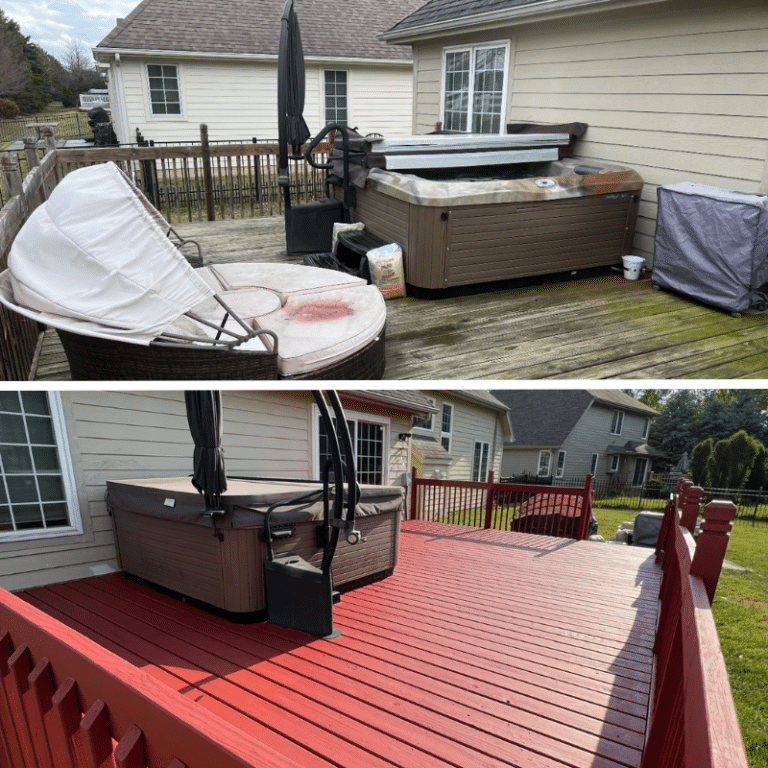A split image showing a weathered wooden deck with moss and discoloration before painting, and the same area transformed with a vibrant red finish, highlighting professional front porch and deck painting services.