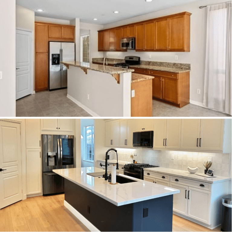 A split image showing a kitchen with wooden cabinets and granite countertops before renovation, and the updated version with white upper cabinets, a navy blue island, and modern finishes, showcasing professional kitchen interior painting and remodeling.