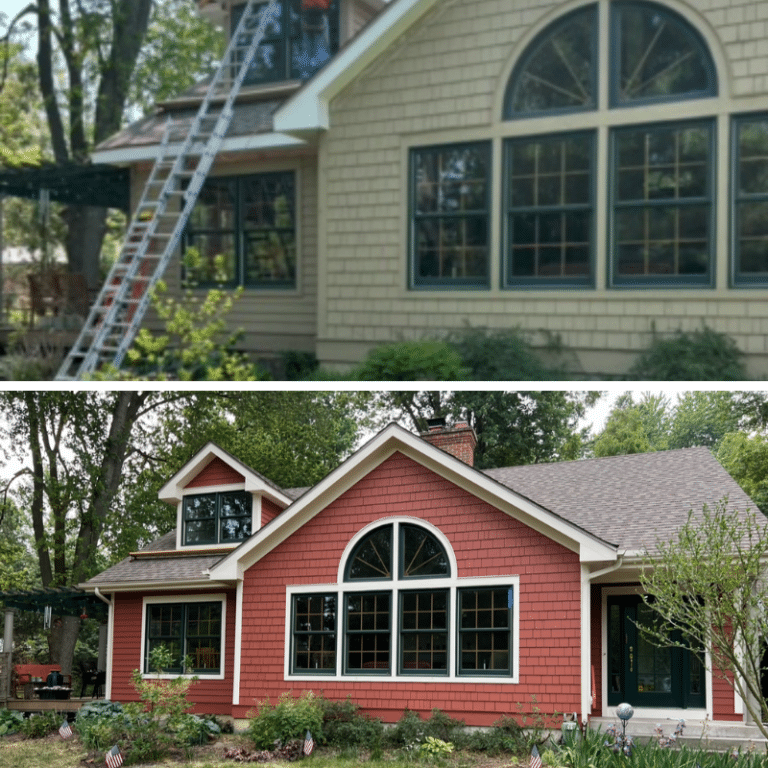 A split image showing a beige-sided home with a ladder during painting, and the finished result with vibrant red shingles, white trim, and a fresh, revitalized appearance, highlighting comprehensive residential exterior painting services.